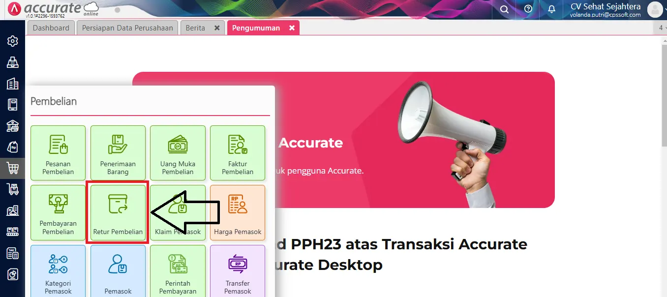 membuat retur pembelian dari faktur